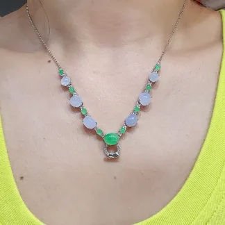 Icy Lavender and Vivid Green Natural Jadeite Convertible Cabochon Chain — S925 Silver · No. 11E4
