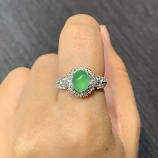 High-Icy Vivid Green Natural Jadeite Cabochon Ring — S925 Silver · No. 005F