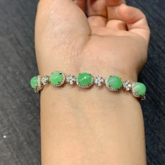 Icy Fresh Green Natural Jadeite Cabochon Bracelet — S925 Silver · No. 6AF6