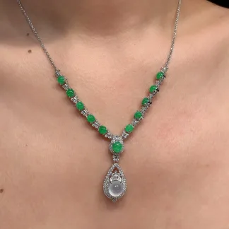 High-Icy Vivid Green and Icy Glowing White Natural Jadeite Cabochon Necklace — S925 Silver · No. 48D2