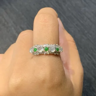 High-Icy Glowing White and Vivid Green Natural Jadeite Cabochon Ring — S925 Silver · No. 3B25