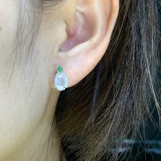 High-Icy Glowing Natural Jadeite Cabochon Stud Earrings — S925 Silver · No. 6675
