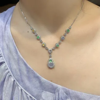 High-Icy Multicolor Natural Jadeite Cabochon Necklace — S925 Silver · No. 62C8
