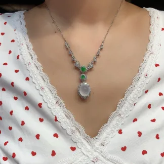 High-Icy Lustrous Natural Jadeite Cabochon Necklace — S925 Silver · No. E0FB