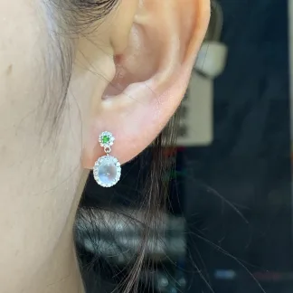 High-Icy Glowing Natural Jadeite Cabochon Drop Earrings — S925 Silver · No. 016D