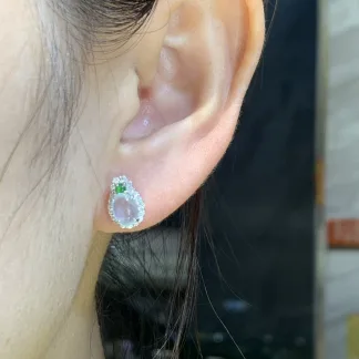 High-Icy Glowing Natural Jadeite Cabochon Stud Earrings — S925 Silver · No. 90A2