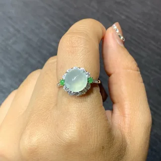 Icy Clear Glowing Natural Jadeite Cabochon Ring — S925 Silver · No. CF93