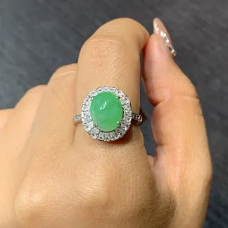 Icy Vivid Green Natural Jadeite Cabochon Ring — S925 Silver · No. FF32