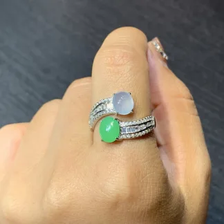 High-Icy White and Green Natural Jadeite Cabochon Ring — S925 Silver · No. 59A2