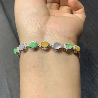 High-Icy Multicolor Natural Jadeite Cabochon Bracelet — S925 Silver · No. 7876