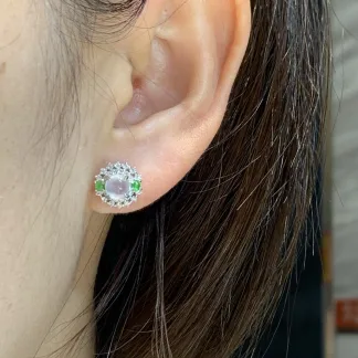 Icy Glowing Natural Jadeite Cabochon Stud Earrings — S925 Silver · No. 4A5F