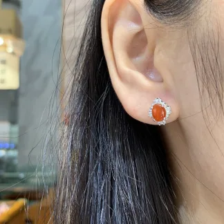 Icy Russet Red Natural Jadeite Cabochon Stud Earrings — S925 Silver · No. 166C