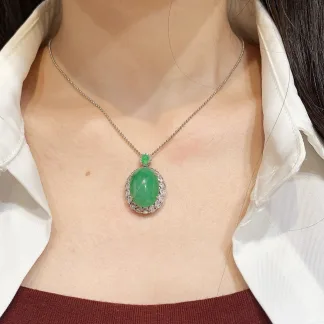 Vivid Green Natural Jadeite Cabochon Pendant — S925 Silver · No. F740