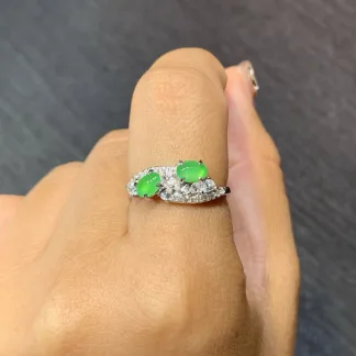 High-Icy Vivid Green Natural Jadeite Cabochon Ring — S925 Silver · No. B60C