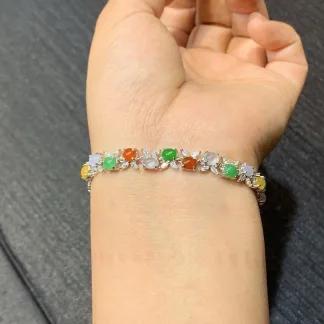 High-Icy Multicolor Natural Jadeite Cabochon Bracelet — S925 Silver · No. 14FC