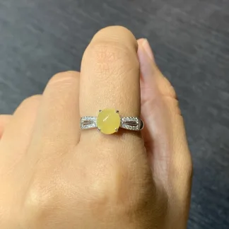 Icy Honey Yellow Natural Jadeite Cabochon Ring — S925 Silver · No. 7EA1