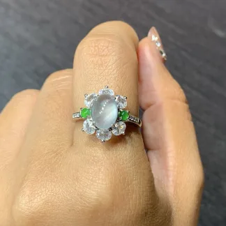 High-Icy Glowing Natural Jadeite Cabochon Ring — S925 Silver · No. DF4D