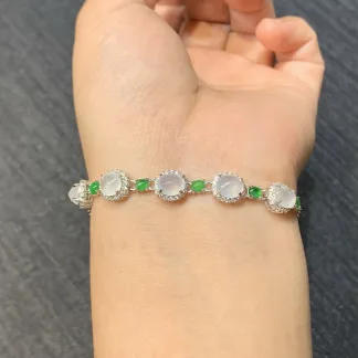High-Icy White and Green Natural Jadeite Bracelet — S925 Silver · No. B496