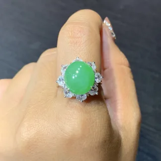 Icy Vivid Green Natural Jadeite Cabochon Ring — S925 Silver · No. F635