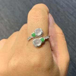 High-Icy Glowing Natural Jadeite Twin Cabochon Ring — S925 Silver · No. 1C9B