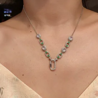 High-Icy Glowing Natural Jadeite Convertible Cabochon Chain — S925 Silver · No. F818