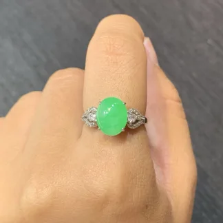 Icy Vivid Green Natural Jadeite Cabochon Ring — S925 Silver · No. E305