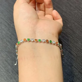 High-Icy Multicolor Natural Jadeite Cabochon Bracelet — S925 Silver · No. F0ED
