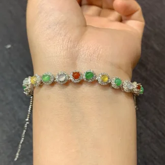 High-Icy Multicolor Natural Jadeite Cabochon Bracelet — S925 Silver · No. 7175