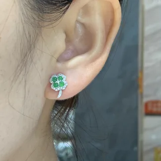 Icy Vivid Green Four-Leaf Clover Natural Jadeite Cabochon Stud Earrings — S925 Silver · No. 82F0