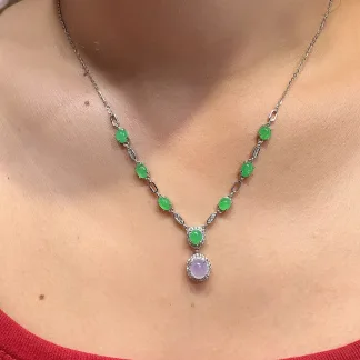 High-Icy Vivid Green and Lavender Natural Jadeite Cabochon Necklace — S925 Silver · No. 9235