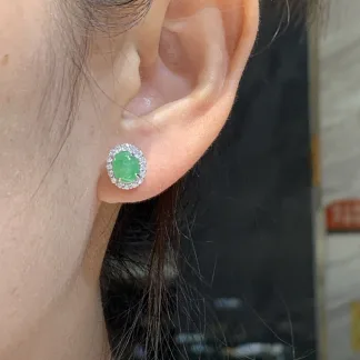 Icy Vivid Green Natural Jadeite Cabochon Stud Earrings — S925 Silver · No. C98B