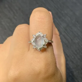 High-Icy Snowflake-Inclusion Natural Jadeite Cabochon Ring — S925 Silver · No. 85CE