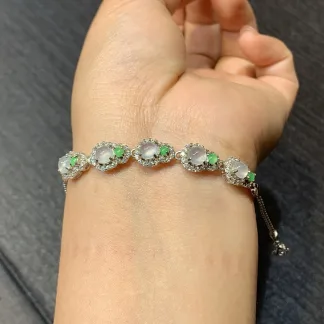 High-Icy Glowing Natural Jadeite Cabochon Bracelet — S925 Silver · No. FBB0