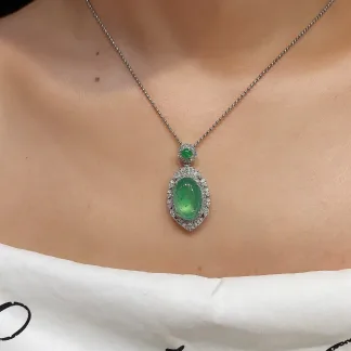 High-Icy Glowing Green Natural Jadeite Cabochon Pendant — S925 Silver · No. 0DB0