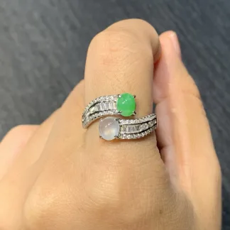 High-Icy Glowing White and Green Natural Jadeite Cabochon Ring — S925 Silver · No. 9659