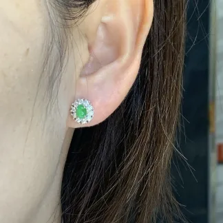Icy Vivid Green Natural Jadeite Cabochon Stud Earrings — S925 Silver · No. 0CBC