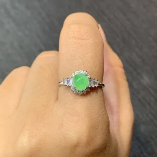Icy Fresh Vivid Green Natural Jadeite Cabochon Ring — S925 Silver · No. B59A