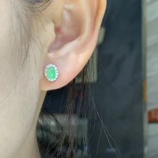 Icy Soft Vivid Green Natural Jadeite Cabochon Stud Earrings — S925 Silver · No. D44E