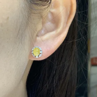 Icy Honey Yellow Natural Jadeite Cabochon Stud Earrings — S925 Silver · No. DE81