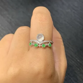 High-Icy Glowing White and Green Natural Jadeite Cabochon Ring — S925 Silver · No. 86FC