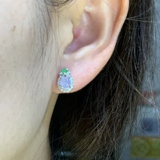 Icy Lavender Natural Jadeite Cabochon Stud Earrings — S925 Silver · No. D904