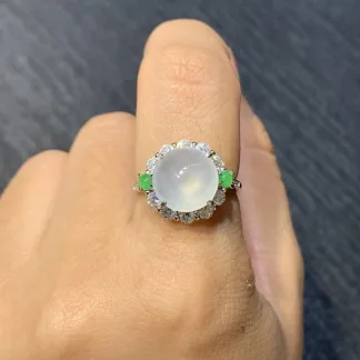 High-Icy Glowing Natural Jadeite Cabochon Ring — S925 Silver · No. 7E73