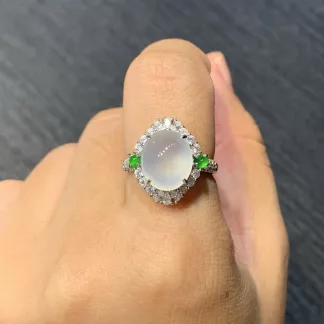 High-Icy Glowing Natural Jadeite Cabochon Ring — S925 Silver · No. 3C9D