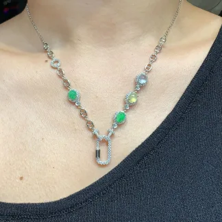 High-Icy Multicolor Natural Jadeite Convertible Cabochon Chain — S925 Silver · No. 119A