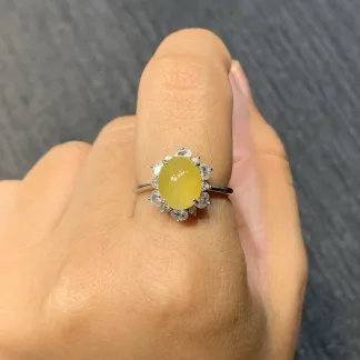 High-Icy Honey Yellow Natural Jadeite Cabochon Ring — S925 Silver · No. A10D