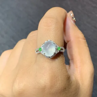High-Icy Glowing Natural Jadeite Cabochon Ring — S925 Silver · No. 55AB
