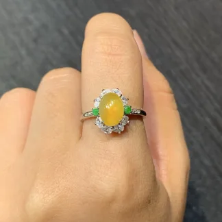 High-Icy Honey Yellow Natural Jadeite Cabochon Ring — S925 Silver · No. DED6