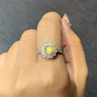 High-Icy Honey Yellow Natural Jadeite Cabochon Ring — S925 Silver · No. 7012