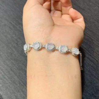 High-Icy Glowing Natural Jadeite Cabochon Bracelet — S925 Silver · No. E81D