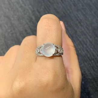 High-Icy Glowing Natural Jadeite Cabochon Ring — S925 Silver · No. F0DB
